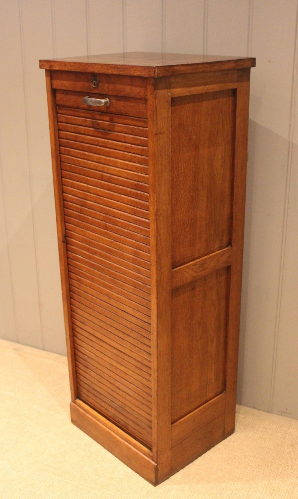 French Single Oak Tambour Front Filing Cabinet
