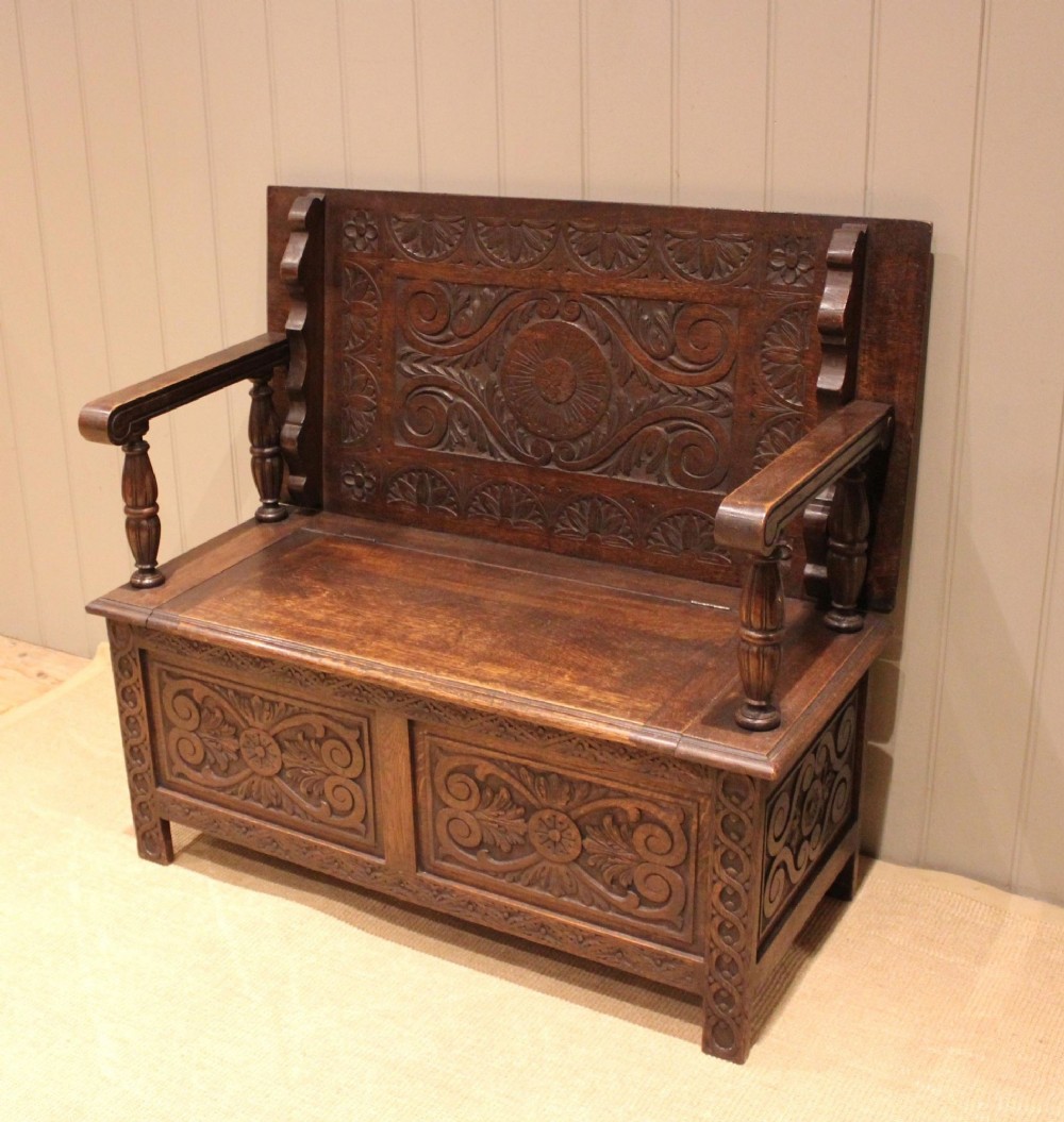 Late 19th Century Carved Oak Monks Bench