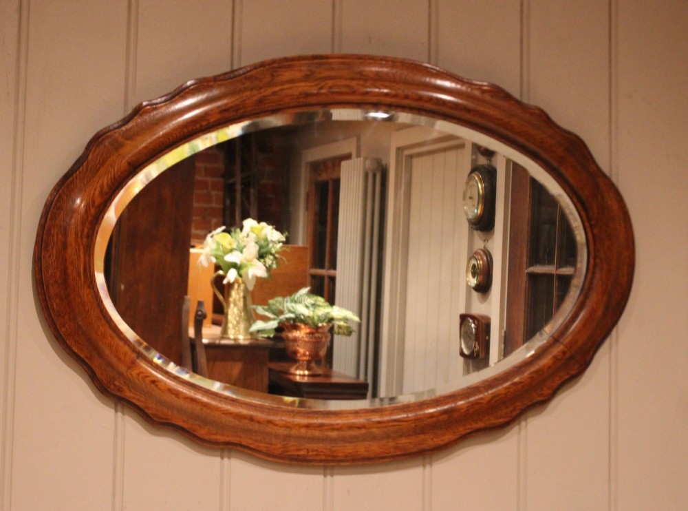 Edwardian Oak Oval Wall Mirror