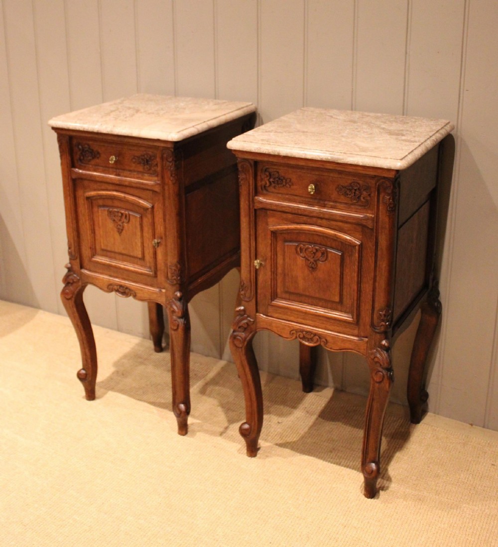 Pair Of French Oak Marble Top Bedside Cabinets