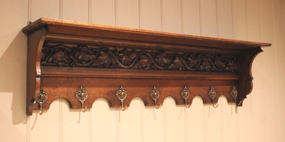 Substantial French Oak Wall Shelf With Coat Hooks