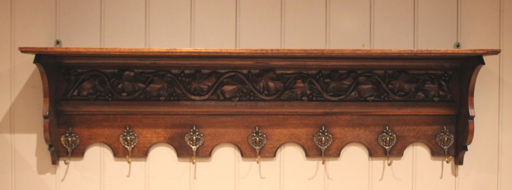 Substantial French Oak Wall Shelf With Coat Hooks View XI