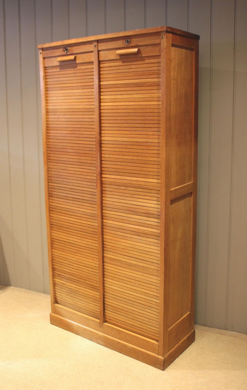 French Oak Double Tambour Front Filing Cabinet
