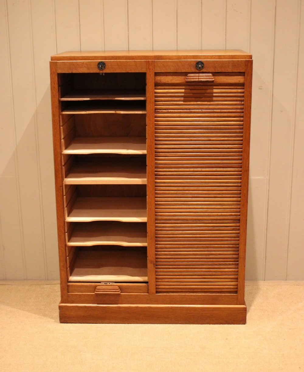 French Art Deco Oak Double Tambour Front Filing Cabinet