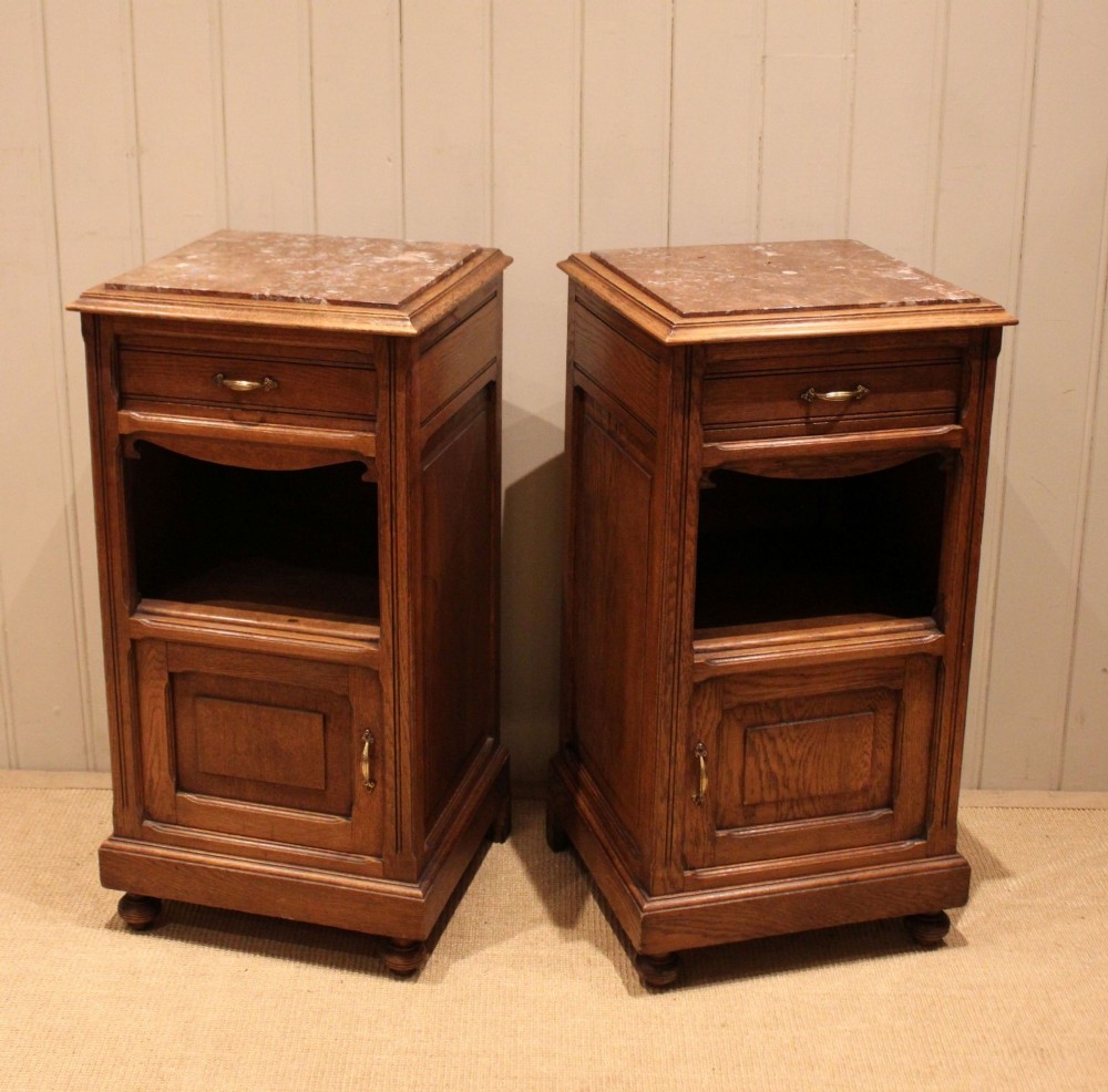 Pair Of French Oak Marble Top Bedside Cabinets
