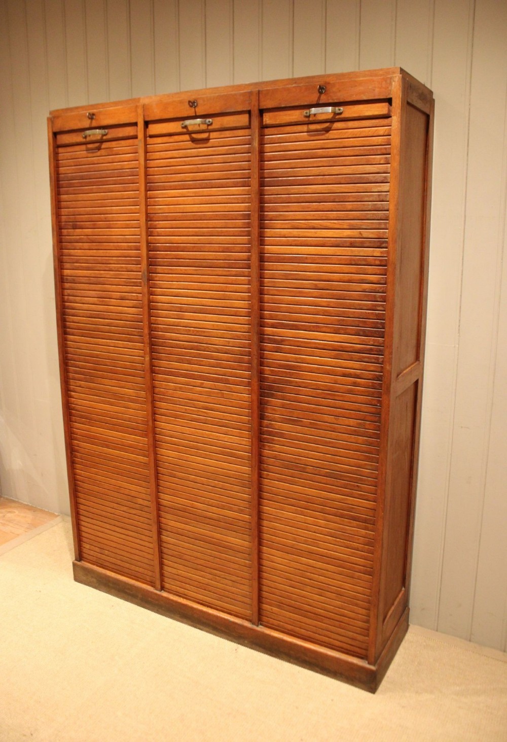 French Oak Triple Tambour Front Filing Cabinet