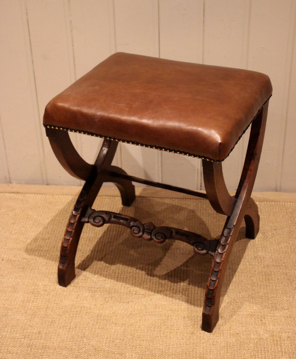Late Victorian Walnut & Leather Stool
