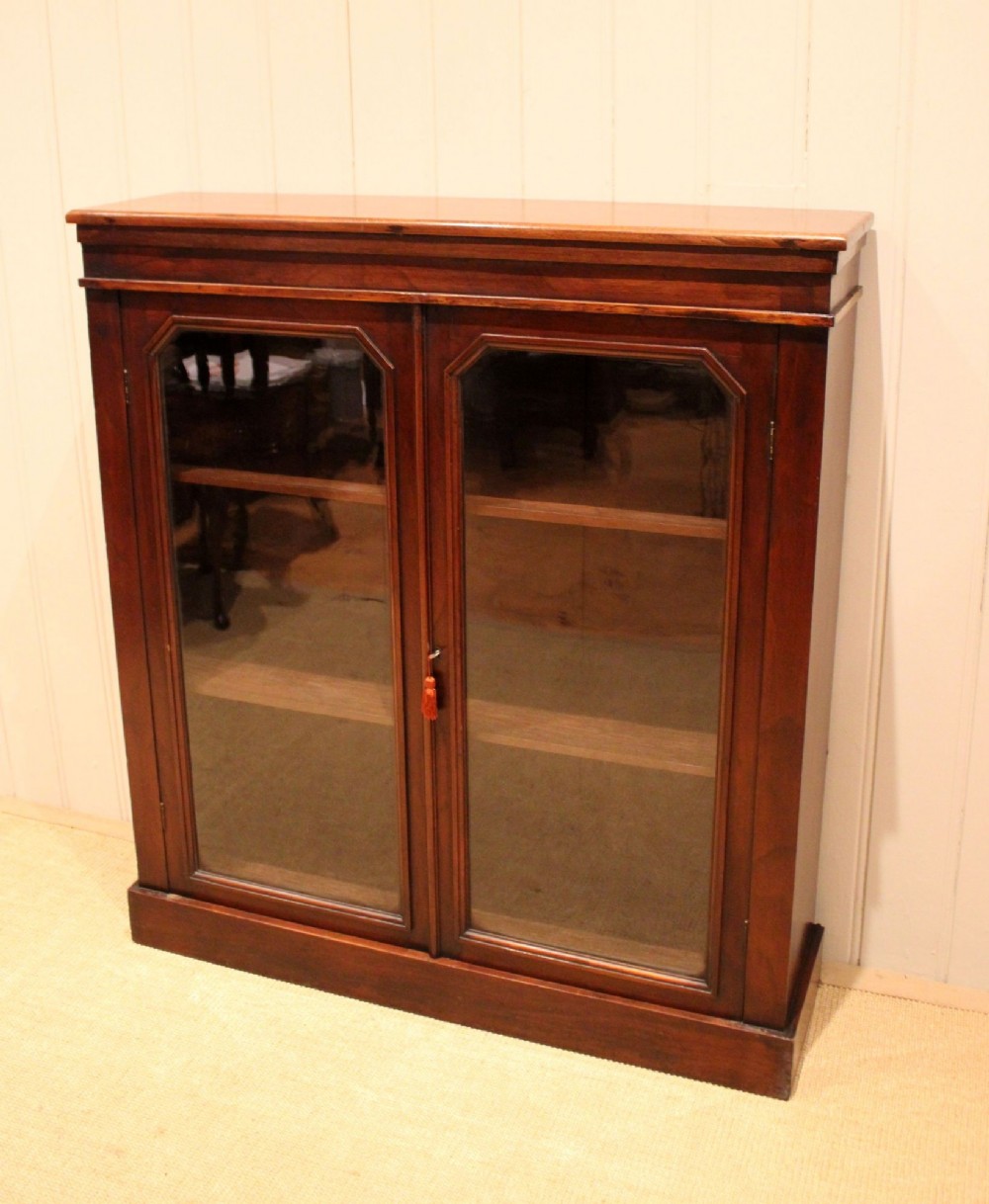A late nineteenth-century dark mahogany bookcase with two glazed doors and interior shelves containing rows of books. View IV