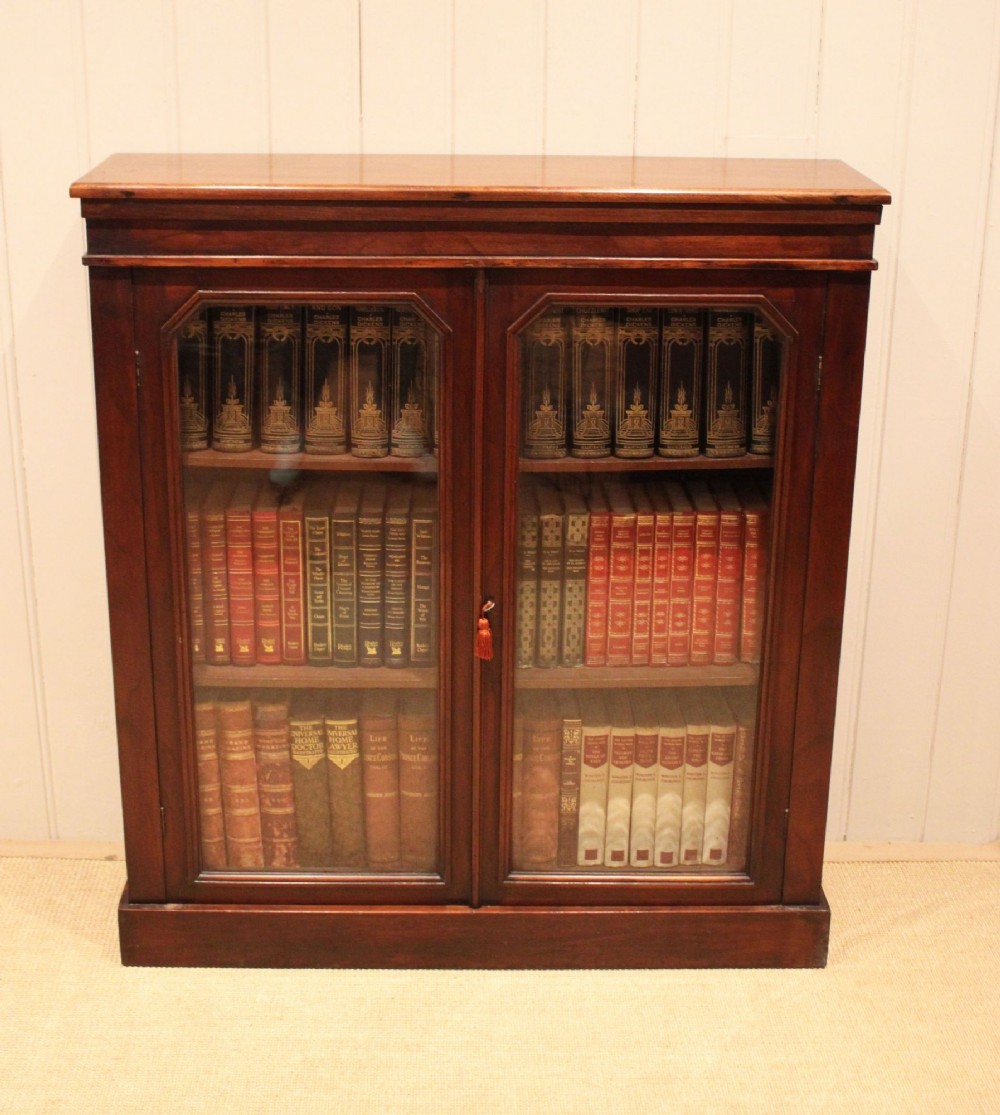 A late nineteenth-century dark mahogany bookcase with two glazed doors and interior shelves containing rows of books. View VII