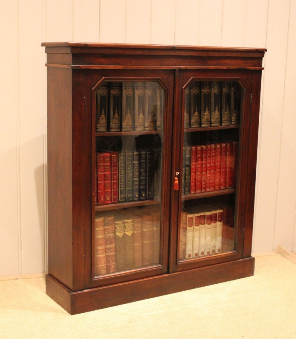 A late nineteenth-century dark mahogany bookcase with two glazed doors and interior shelves containing rows of books. View IX