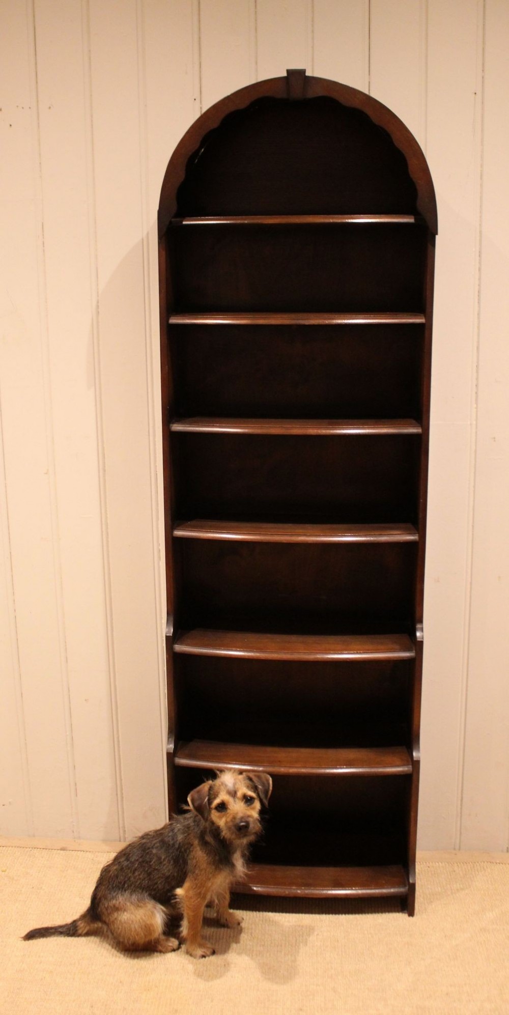 Tall Oak Arch Top Open Bookcase View VI