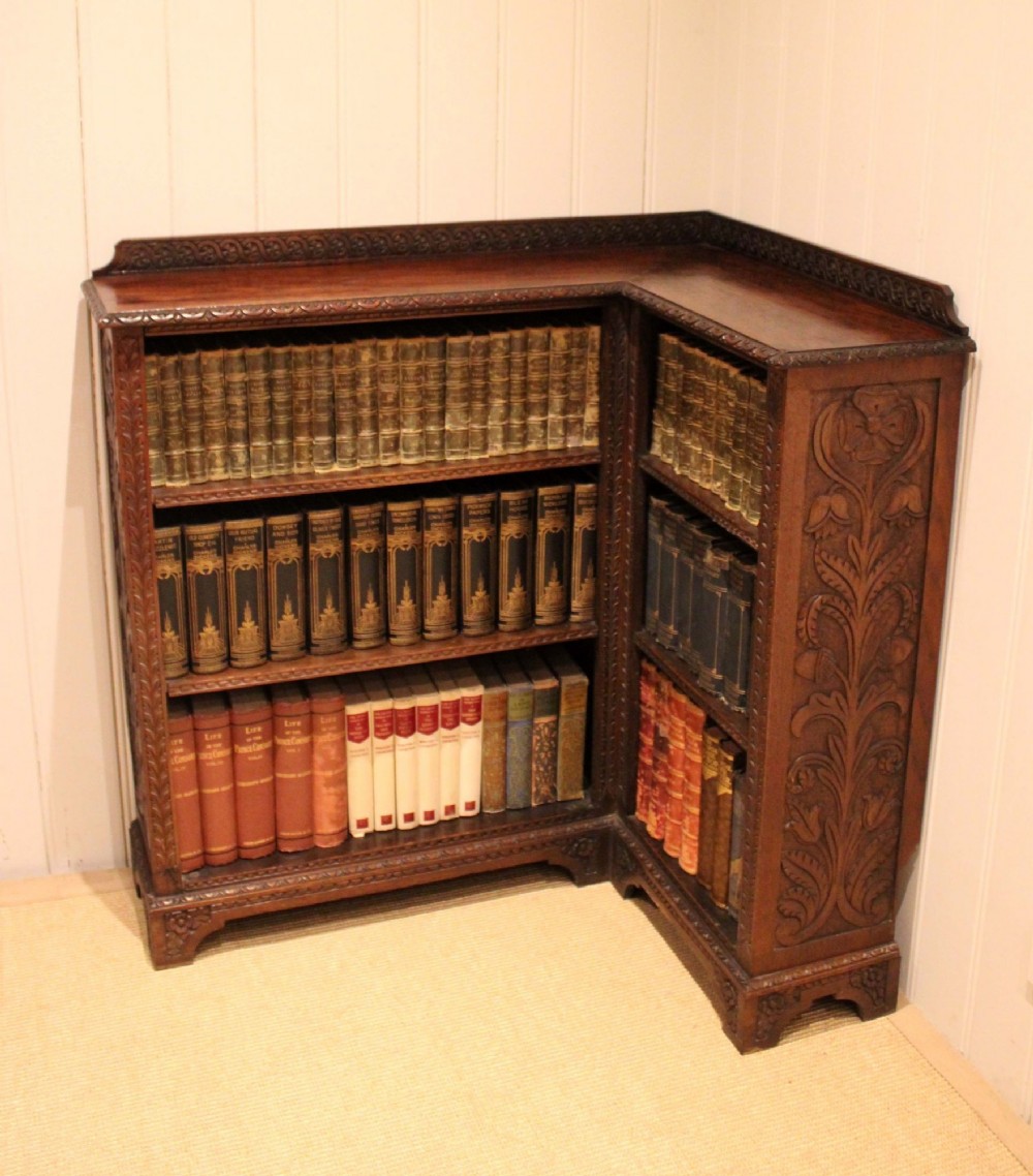 Unusual Late 19th Century Carved Oak Corner Bookcase View III