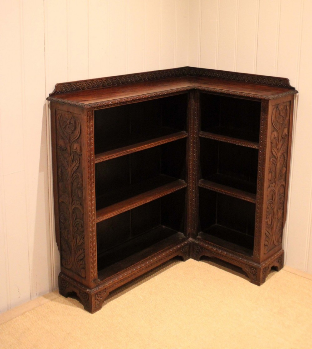Unusual Late 19th Century Carved Oak Corner Bookcase View IV
