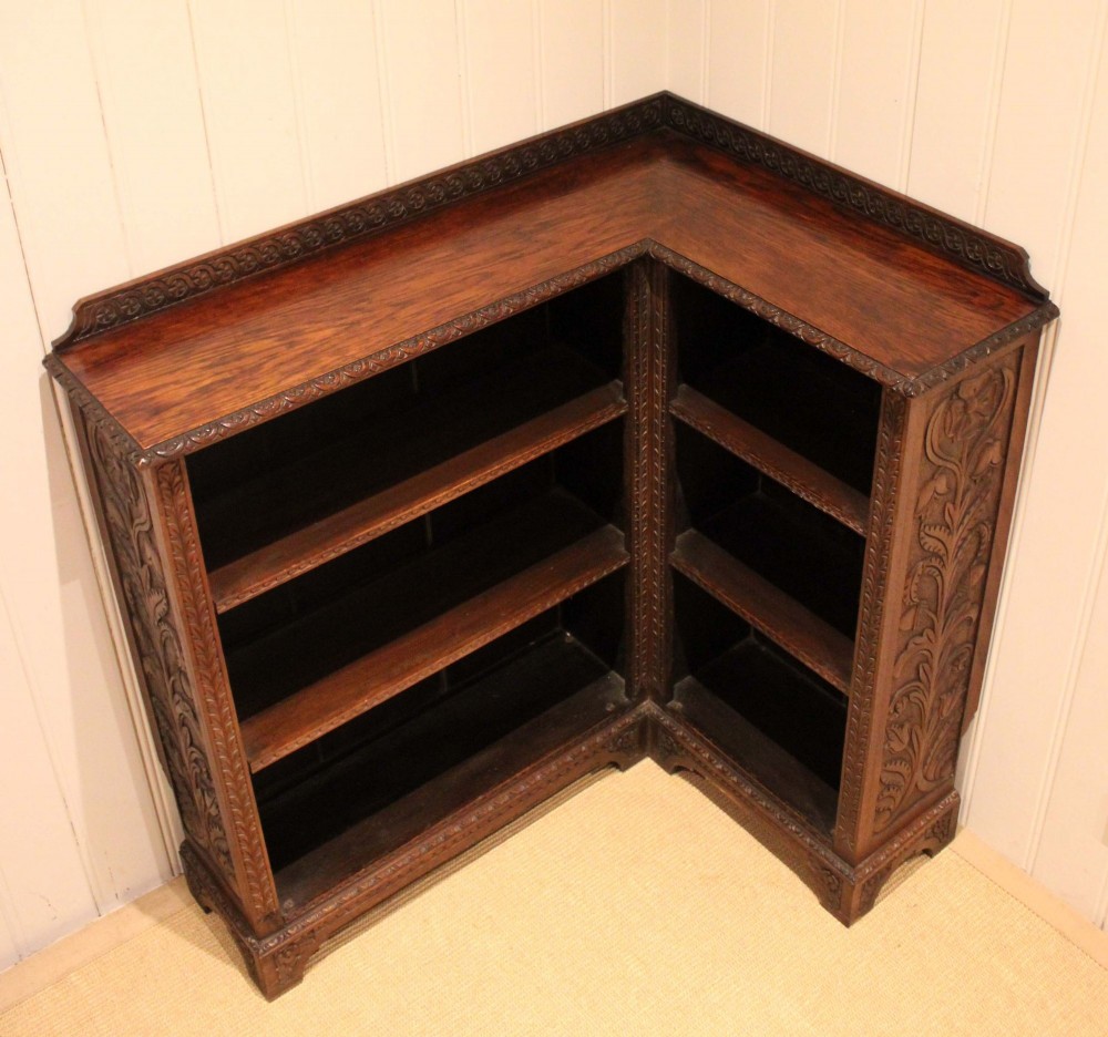 Unusual Late 19th Century Carved Oak Corner Bookcase View VIII