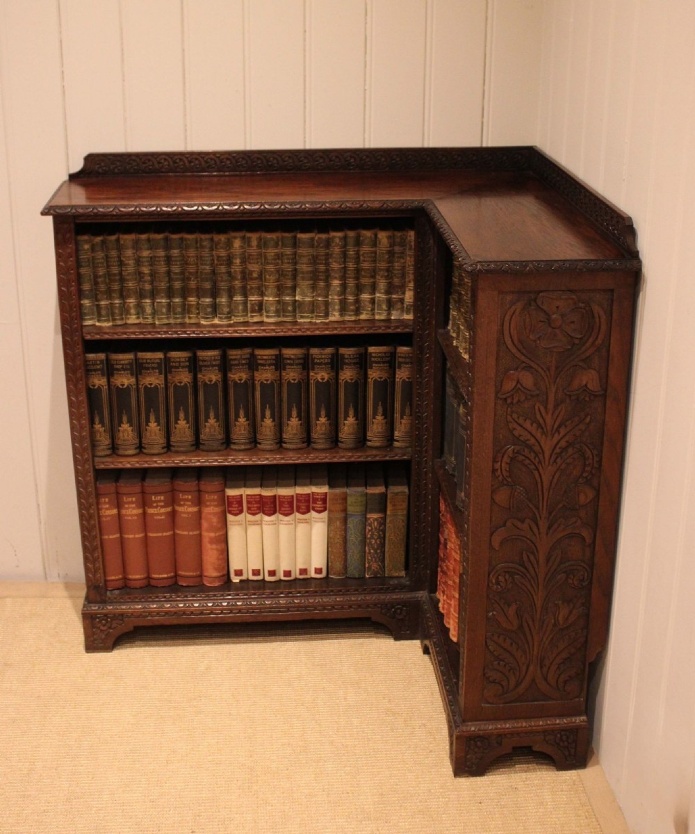 Unusual Late 19th Century Carved Oak Corner Bookcase View IX