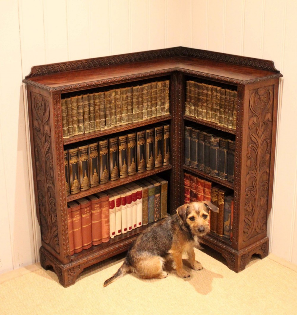 Unusual Late 19th Century Carved Oak Corner Bookcase View XI