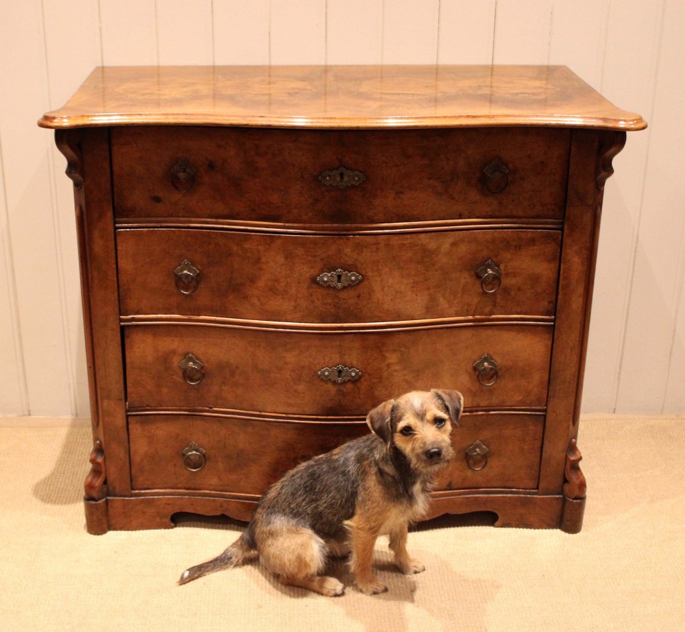 A mid-19th century burr walnut chest of four graduated drawers with a serpentine contoured front and brass drop handles. View XI