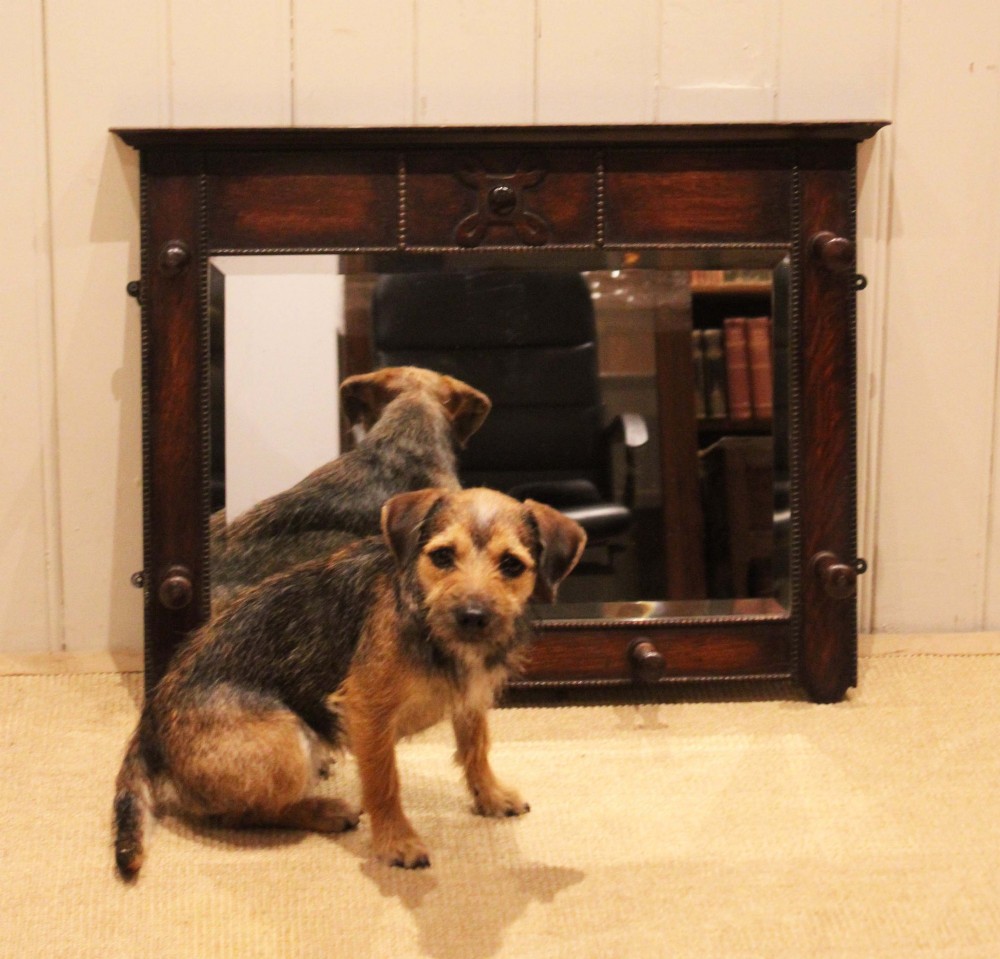 A dark oak rectangular wall mirror featuring six turned wooden coat pegs framing the glass plate, decorated with beaded trim and a carved central boss on the top rail. View X