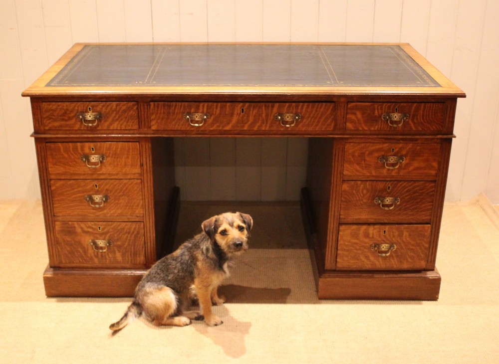 An Edwardian figured oak pedestal desk featuring a dark green leather writing surface and nine drawers with brass handles. View II
