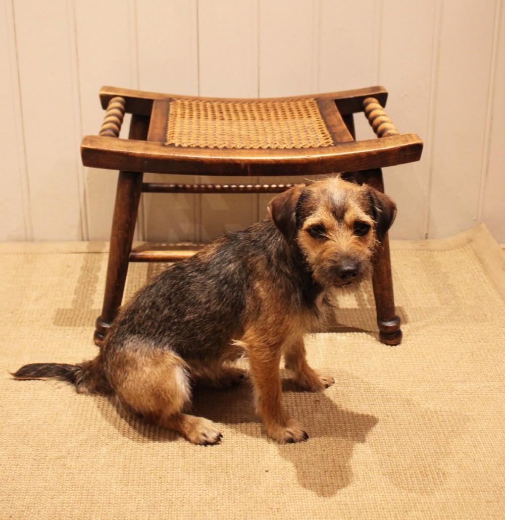 An antique warm brown beechwood stool featuring a woven cane seat, bobbin-turned side handles, and splayed turned legs. View IV