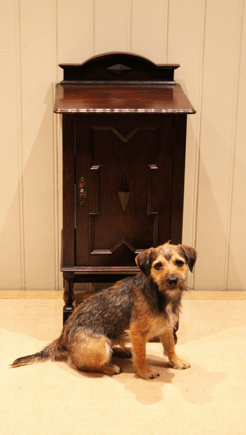 A dark oak bedside cabinet with a geometric panelled door, turned legs, low stretchers, and an arched gallery back. View V
