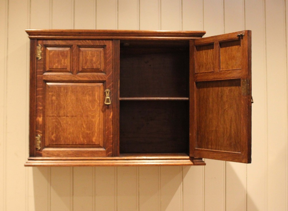 A late nineteenth-century solid oak wall cabinet featuring panelled double doors with brass hinges and handles. View VIII