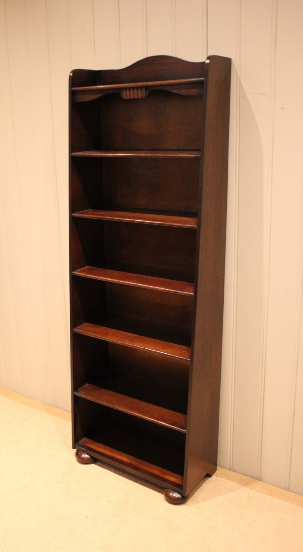 Tall Oak Arch Top Open Bookcase View XII