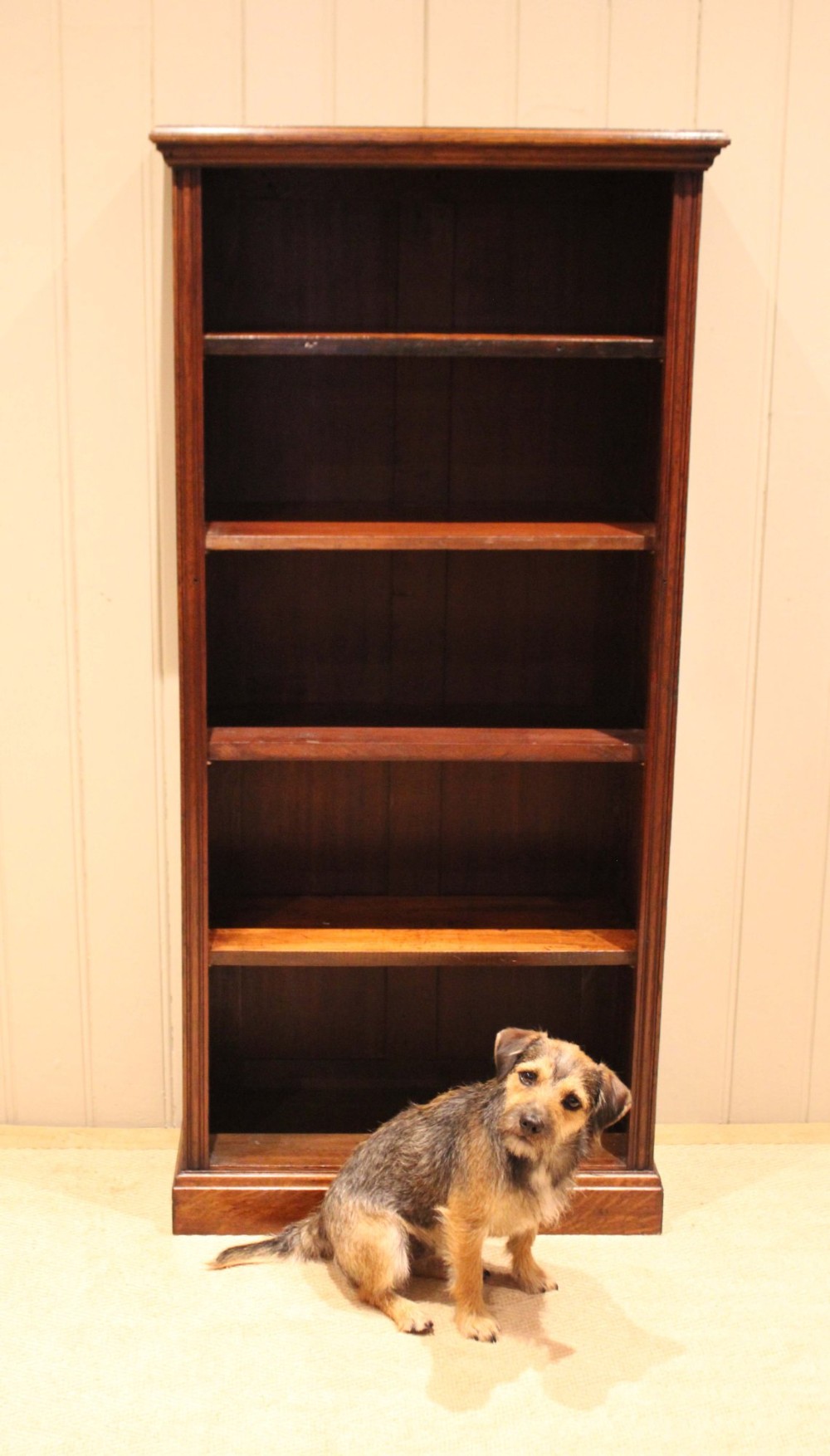 A tall late Victorian open oak bookcase featuring five adjustable shelves filled with books, a moulded top cornice, and a solid plinth base. View X