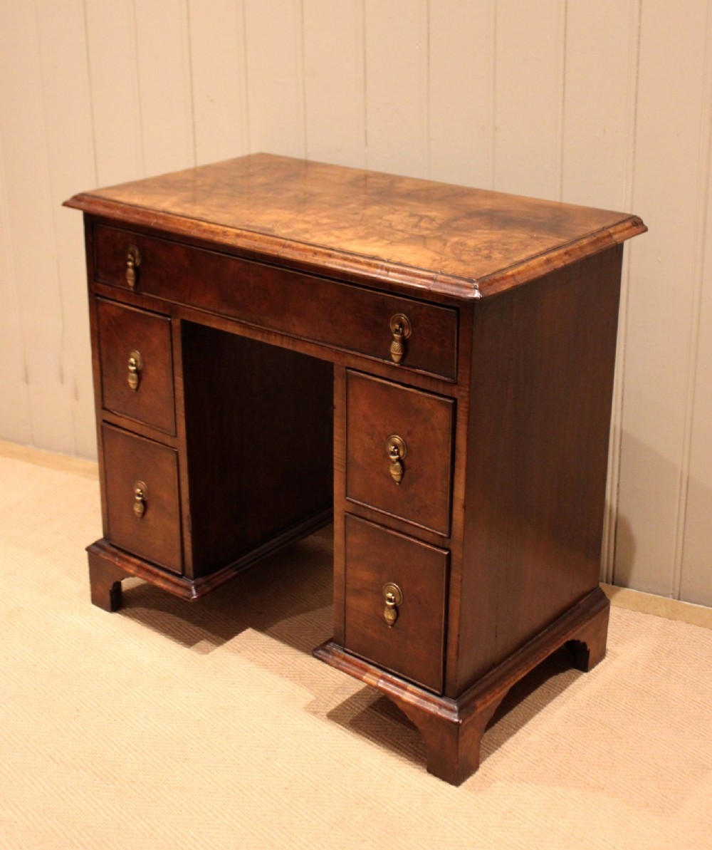 A small proportioned burr walnut pedestal desk featuring five drawers with brass drop handles and bracket feet. View VII