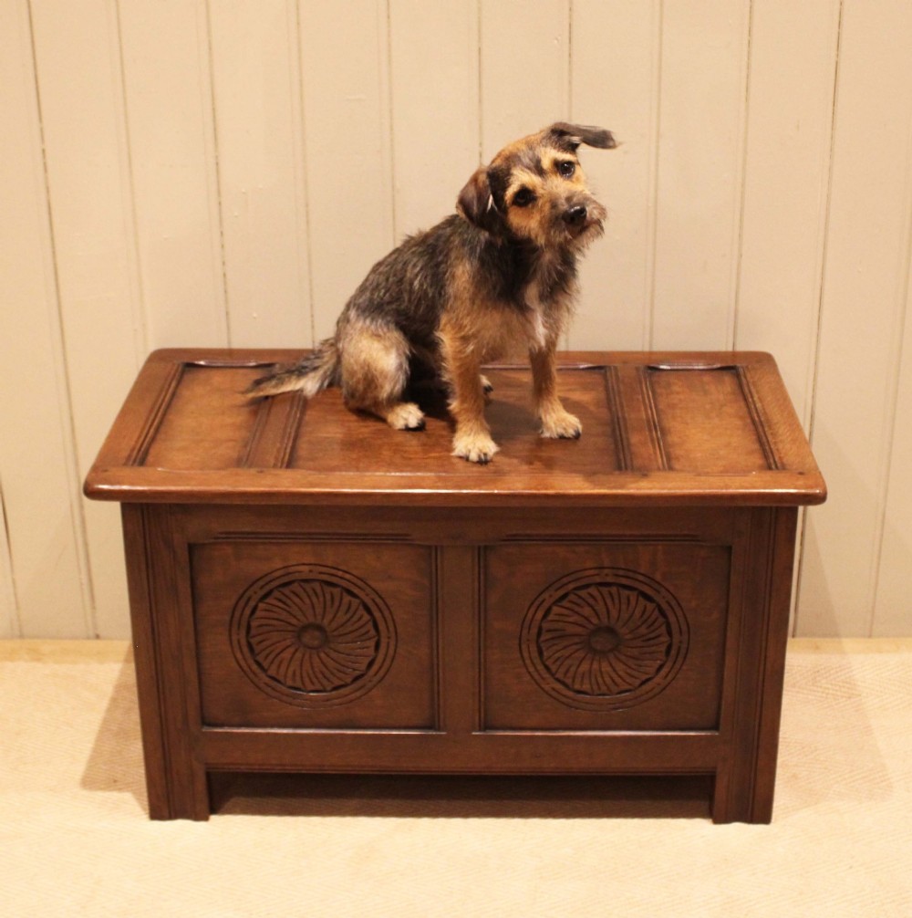 A dark brown carved oak coffer featuring a three-panel lid and two front panels carved with circular rosette motifs. View X