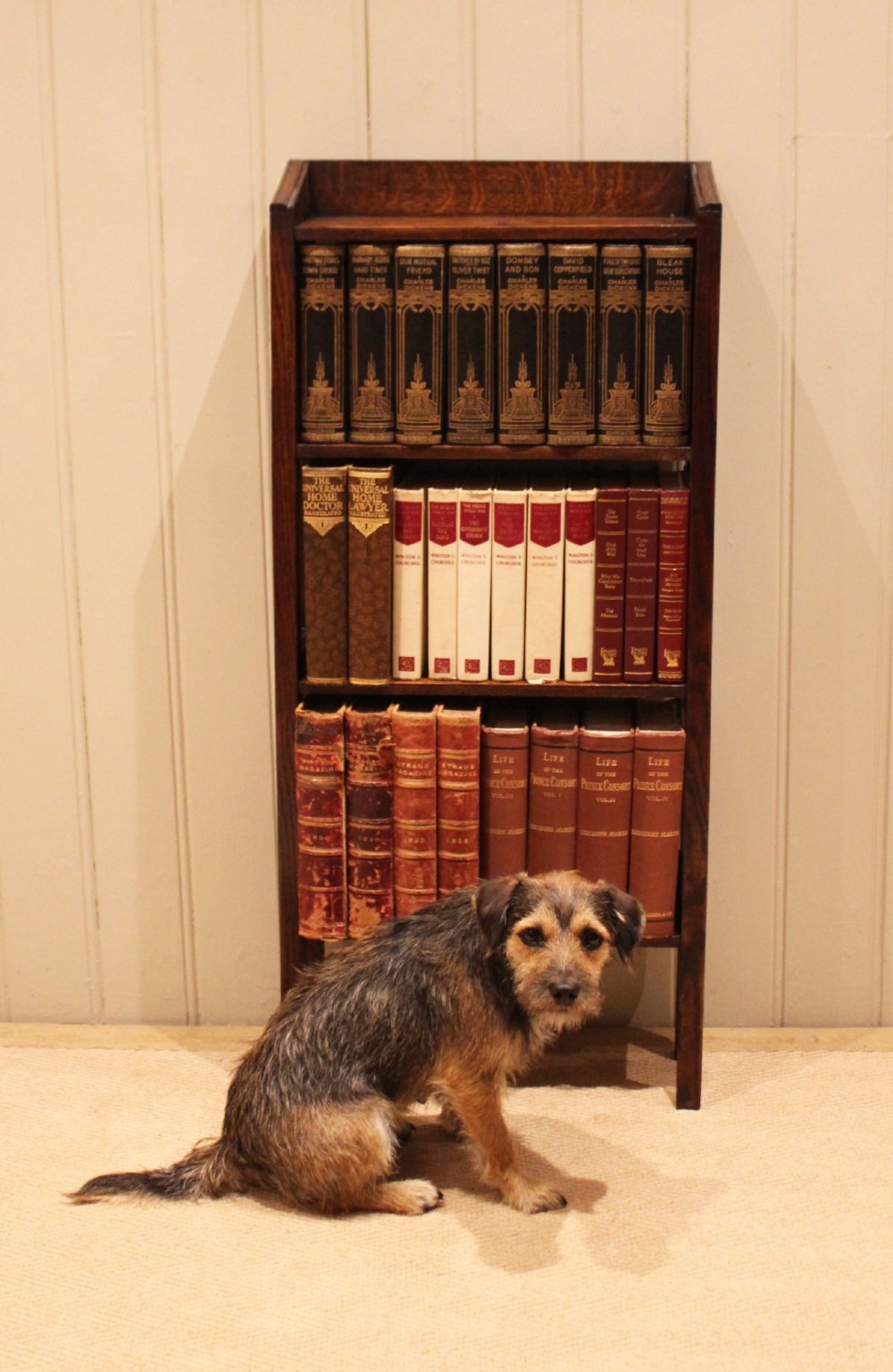 A tall, narrow Edwardian dark oak open-back bookcase featuring four horizontal shelves and straight square legs. View VII
