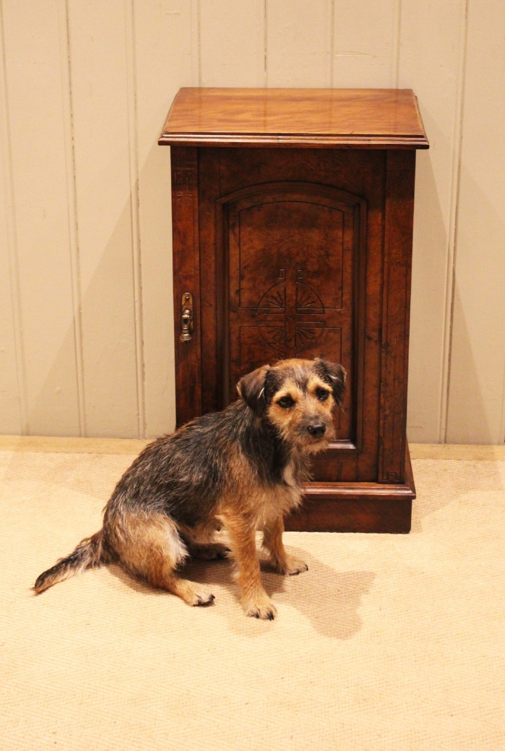 A late 19th-century walnut bedside cabinet featuring a single door with incised geometric detail, a brass drop handle, and a solid plinth base. View IX