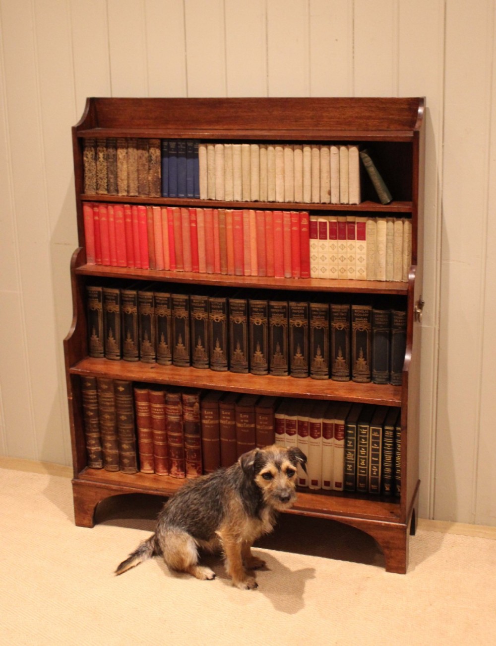 An antique Regency mahogany open bookcase featuring four fixed shelves, graduated side panels, and a shaped apron base. View IX