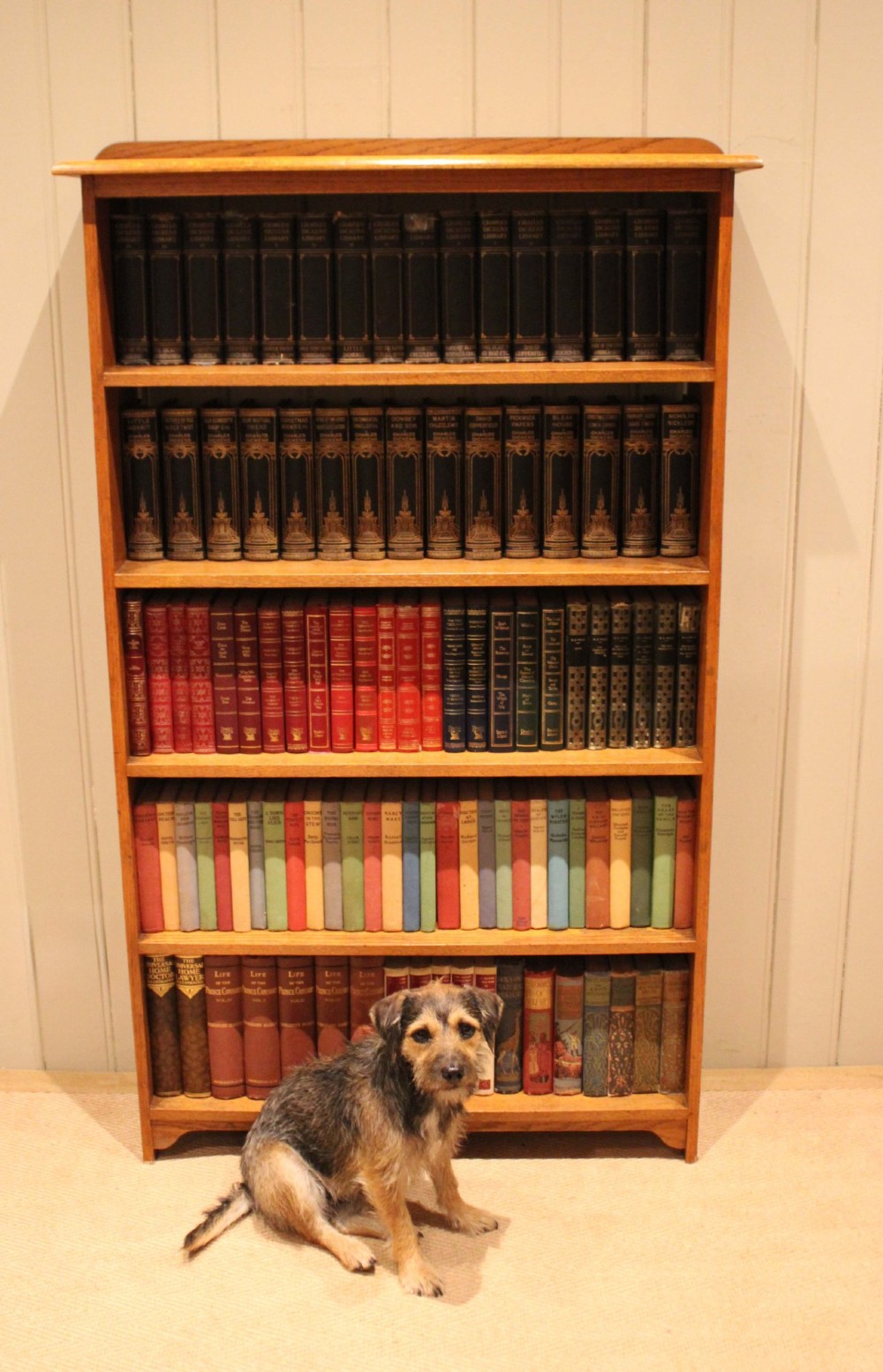 A tall, slender open oak bookcase with five tiers filled with multi-coloured hardback books, featuring a rounded top moulding and simple cut-out bracket feet. View XI