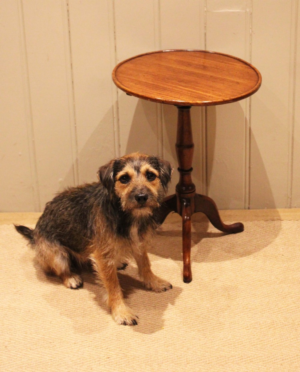 A circular mahogany tilt-top wine table with a turned central pedestal column and a tripod base featuring cabriole legs. View X
