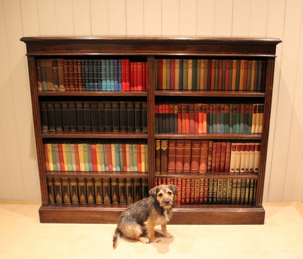 A double-bay open oak library bookcase featuring fluted pilasters, multiple horizontal shelves, a moulded top edge, and a solid plinth base. View IX