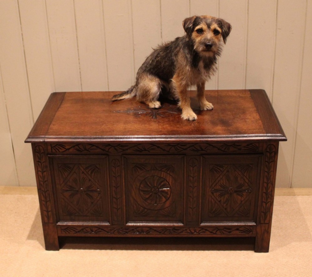 A rectangular dark oak storage coffer featuring three hand-carved front panels with rosette and geometric motifs. View V