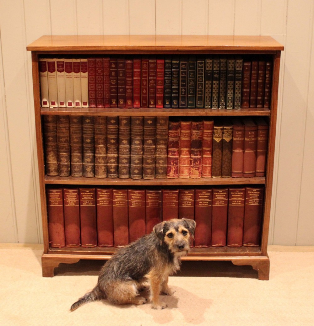 A late nineteenth-century mahogany open bookcase featuring three wide horizontal shelves and bracket feet. View VII