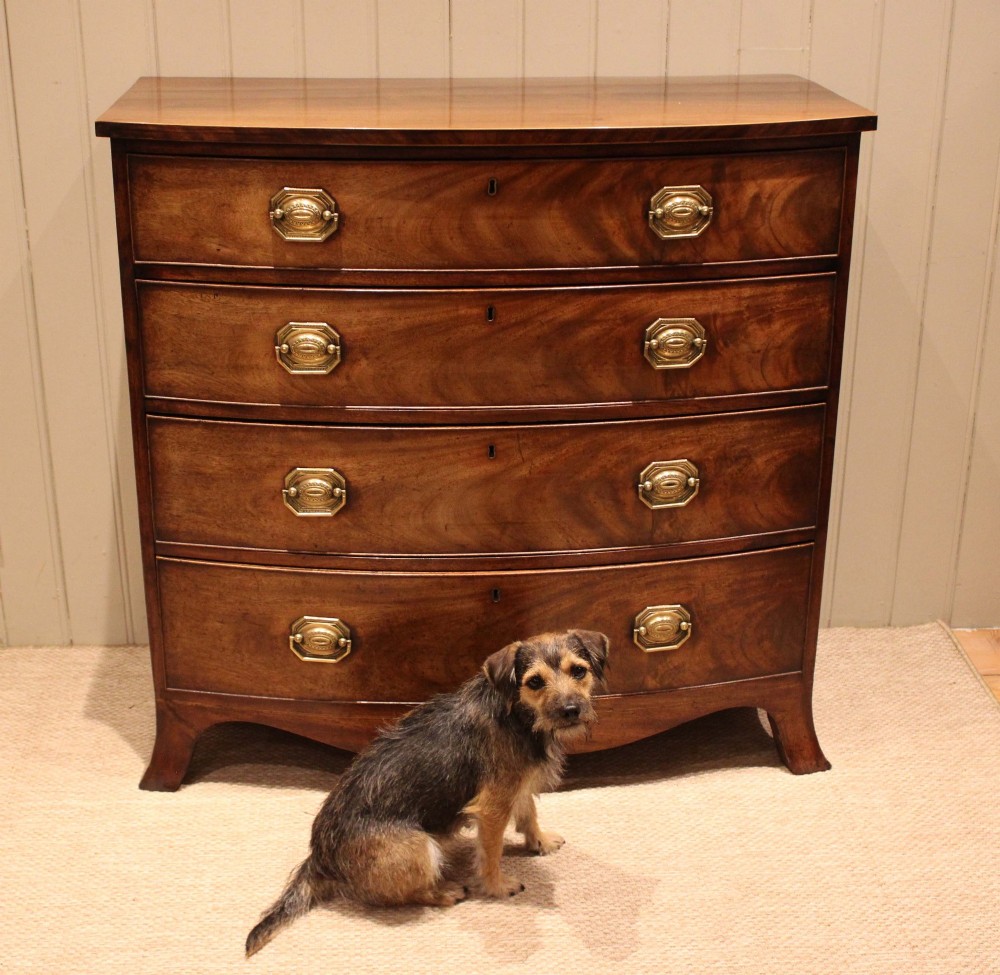 A Georgian flame mahogany bowfront chest of drawers featuring four graduated drawers with brass handles and splayed bracket feet. View V