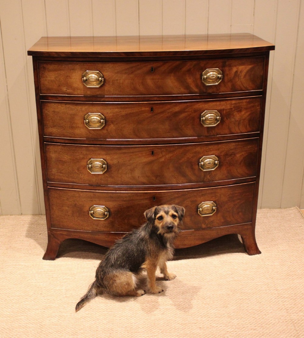 A Georgian flame mahogany bowfront chest of drawers featuring four graduated drawers with brass handles and splayed bracket feet. View IX