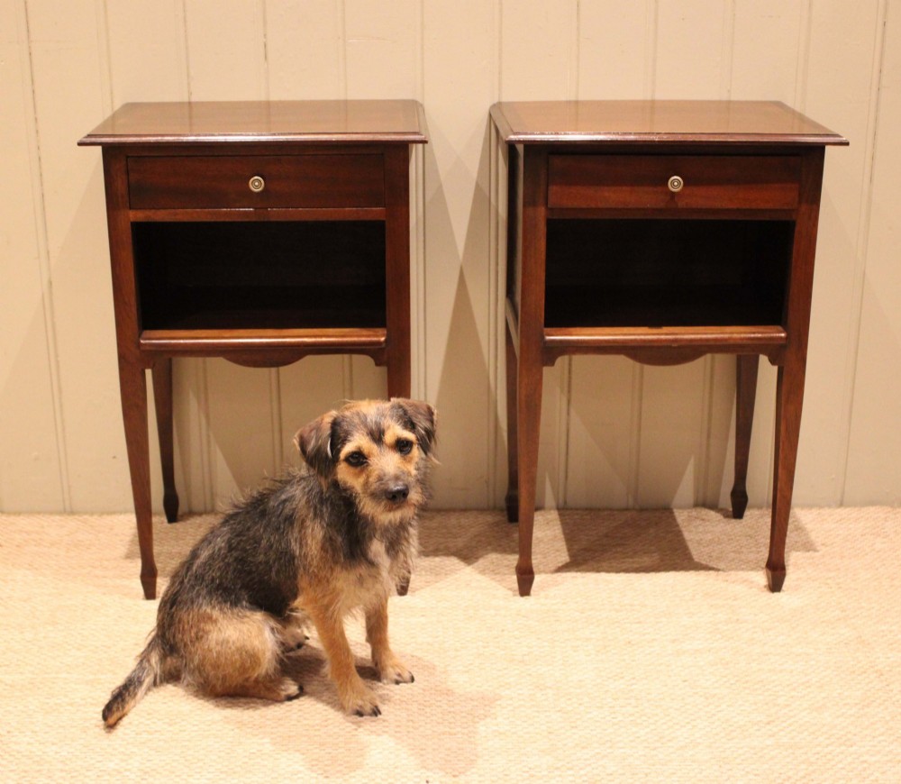 A matching pair of warm brown mahogany bedside tables, each featuring a single top drawer with a central brass knob pull above an open compartment, supported by slender tapered legs. View IV