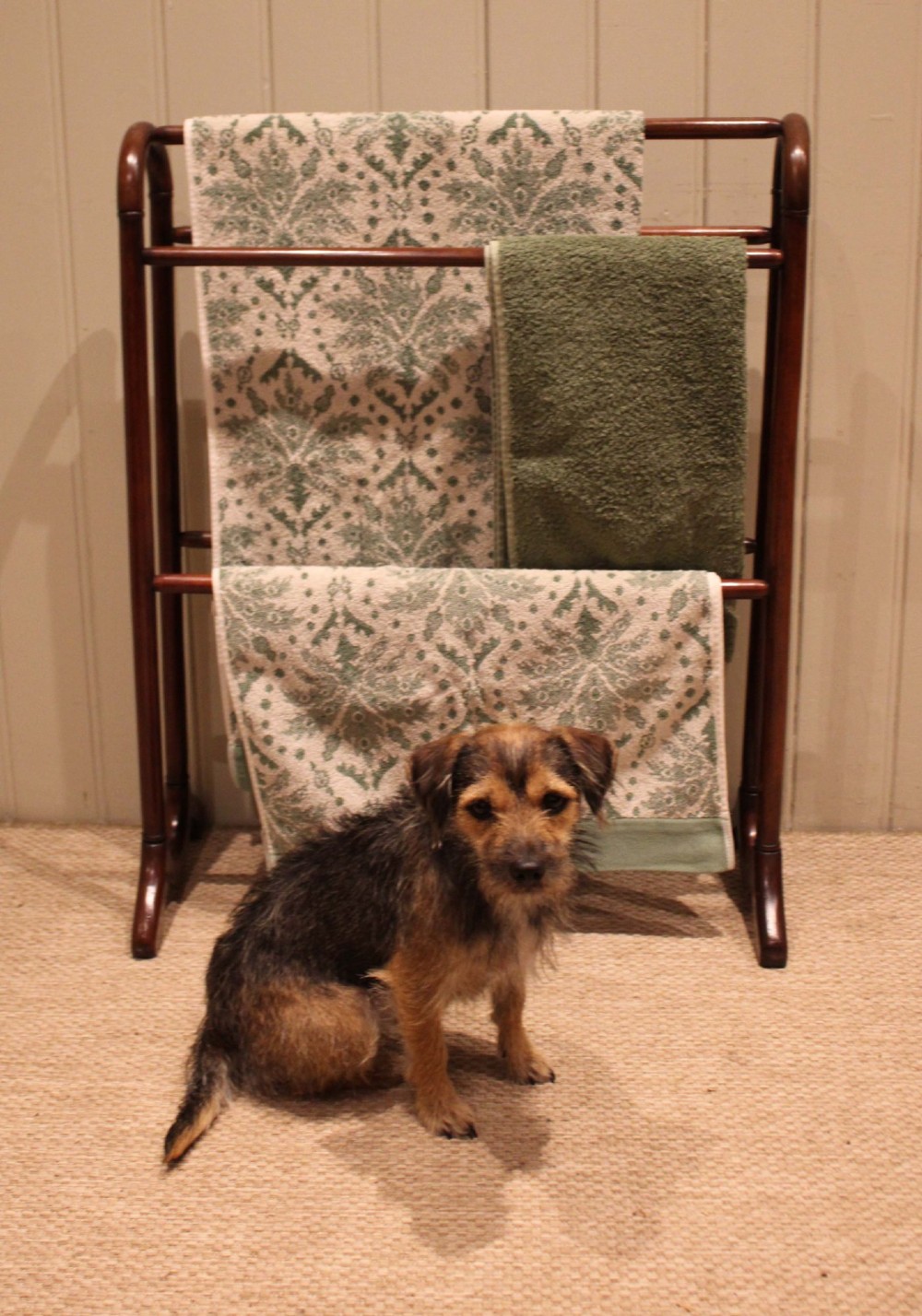 A late 19th-century mahogany freestanding towel rail featuring rounded upright arches, multiple horizontal crossbars, and curved trestle feet. View X