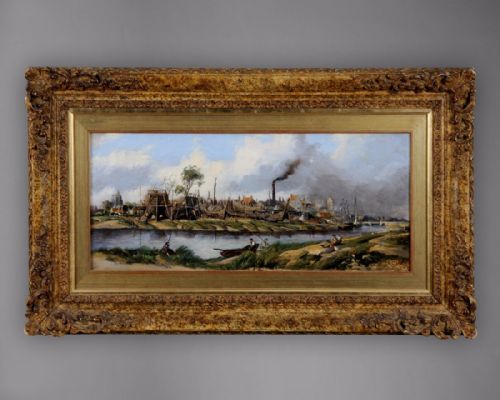 19th Century Oil Painting on Canvas, “Shipbuilding by a River”