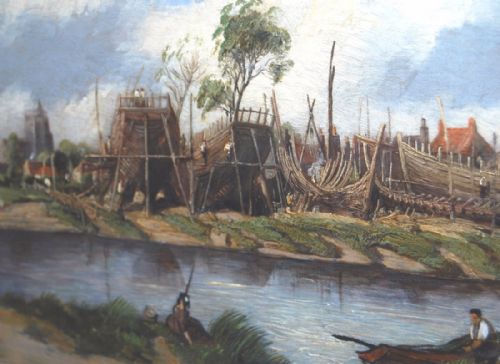 fig 1. 19th Century Oil Painting on Canvas, “Shipbuilding by a River”