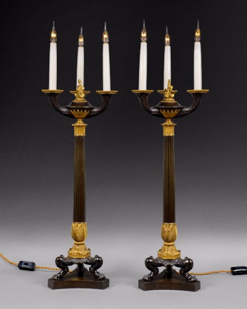 Pair of Regency Period Bronze and Ormolu Three Light Candelabra