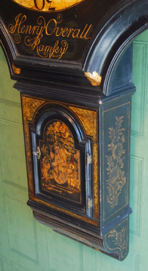 fig 2. George III period Black Lacquer Tavern Clock by Henry Overall, Ramsey.