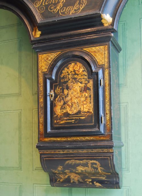 fig 3. George III period Black Lacquer Tavern Clock by Henry Overall, Ramsey.