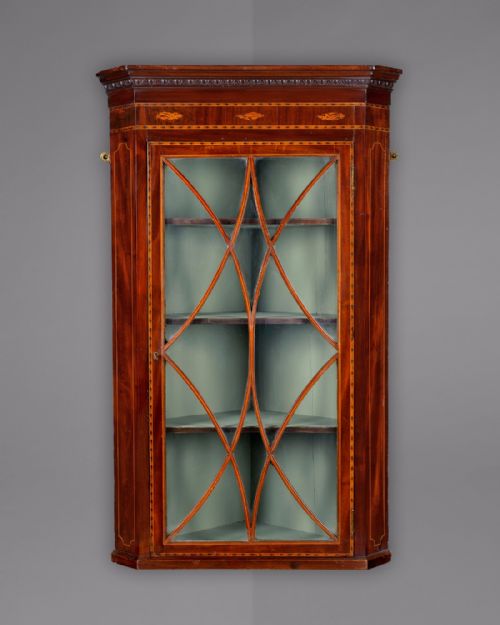 George III Mahogany and Inlaid Hanging Corner Cabinet