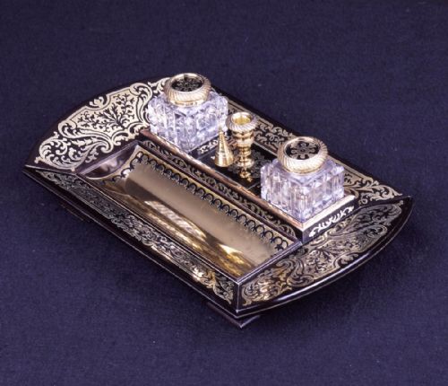 Regency Period Ebony and Brass Inlaid Desk Piece with Inkwells - Original Parts
