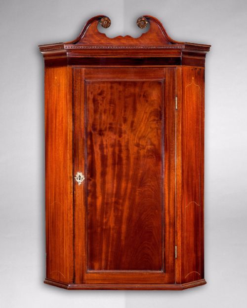 George III Period Mahogany and Inlaid Hanging Corner Cabinet